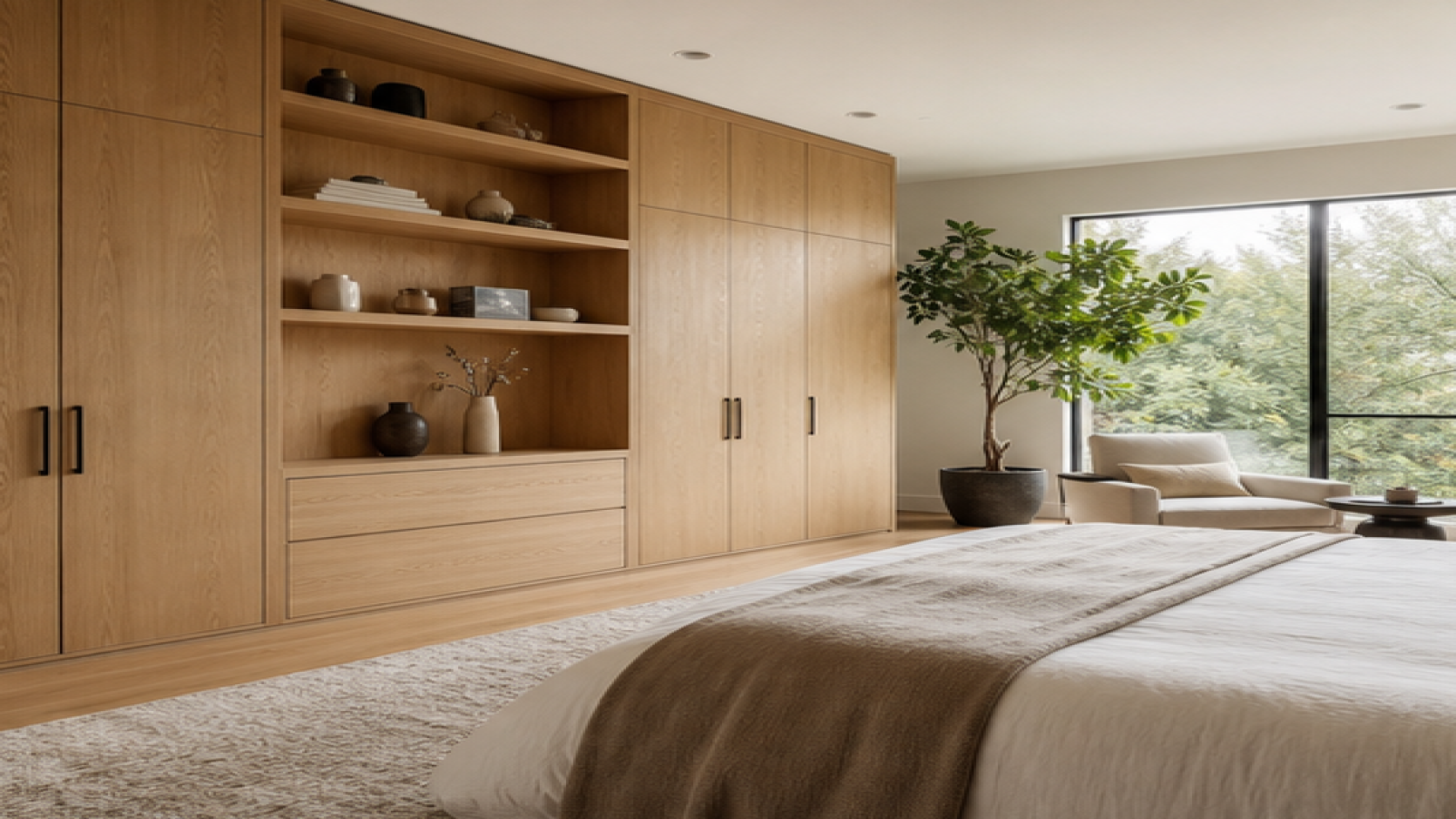 Primary Bedroom Remodel Ideas with natural wood cabinetry