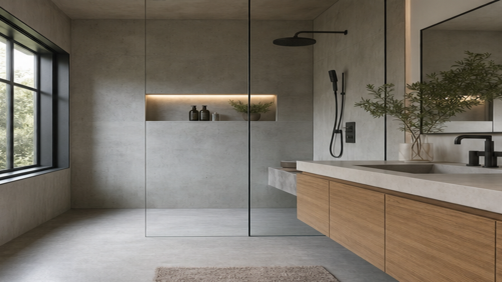 Shower Tile Ideas with a natural concrete finish