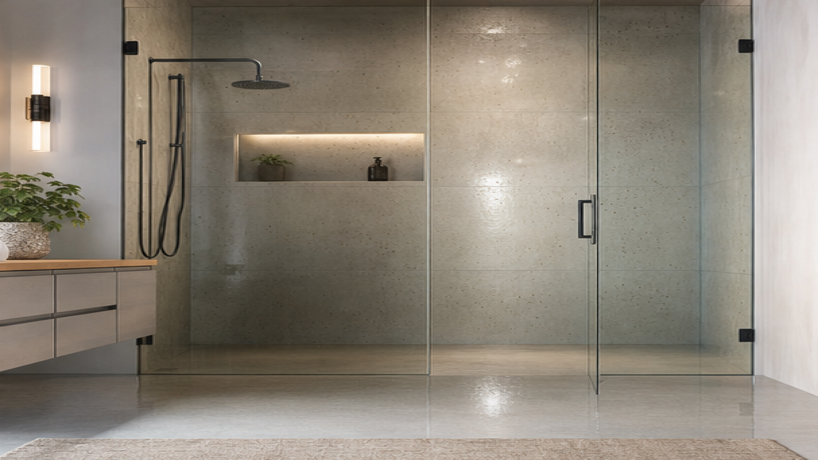 Shower Tile Ideas with a treated concrete finish
