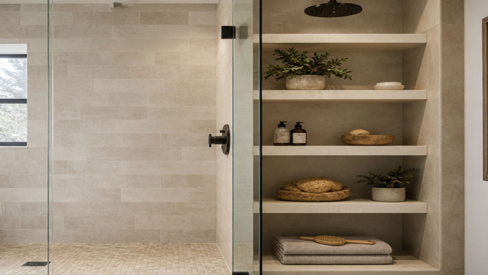 Shower Tile Ideas with open shelving