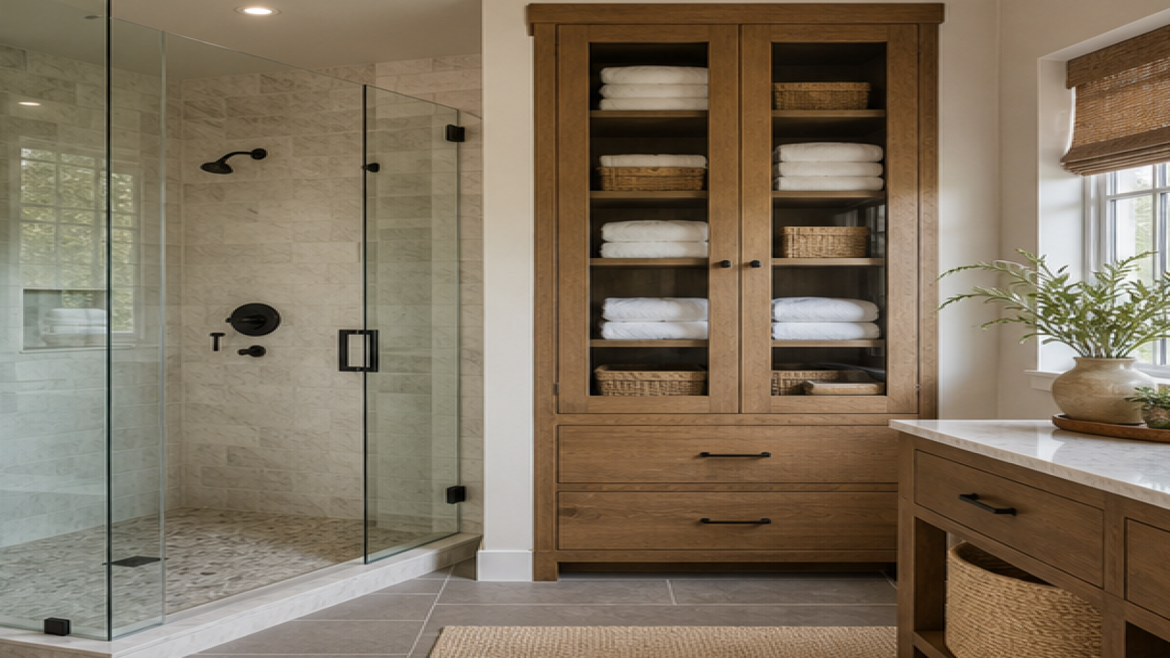 Shower Tile Ideas with storage cabinetry