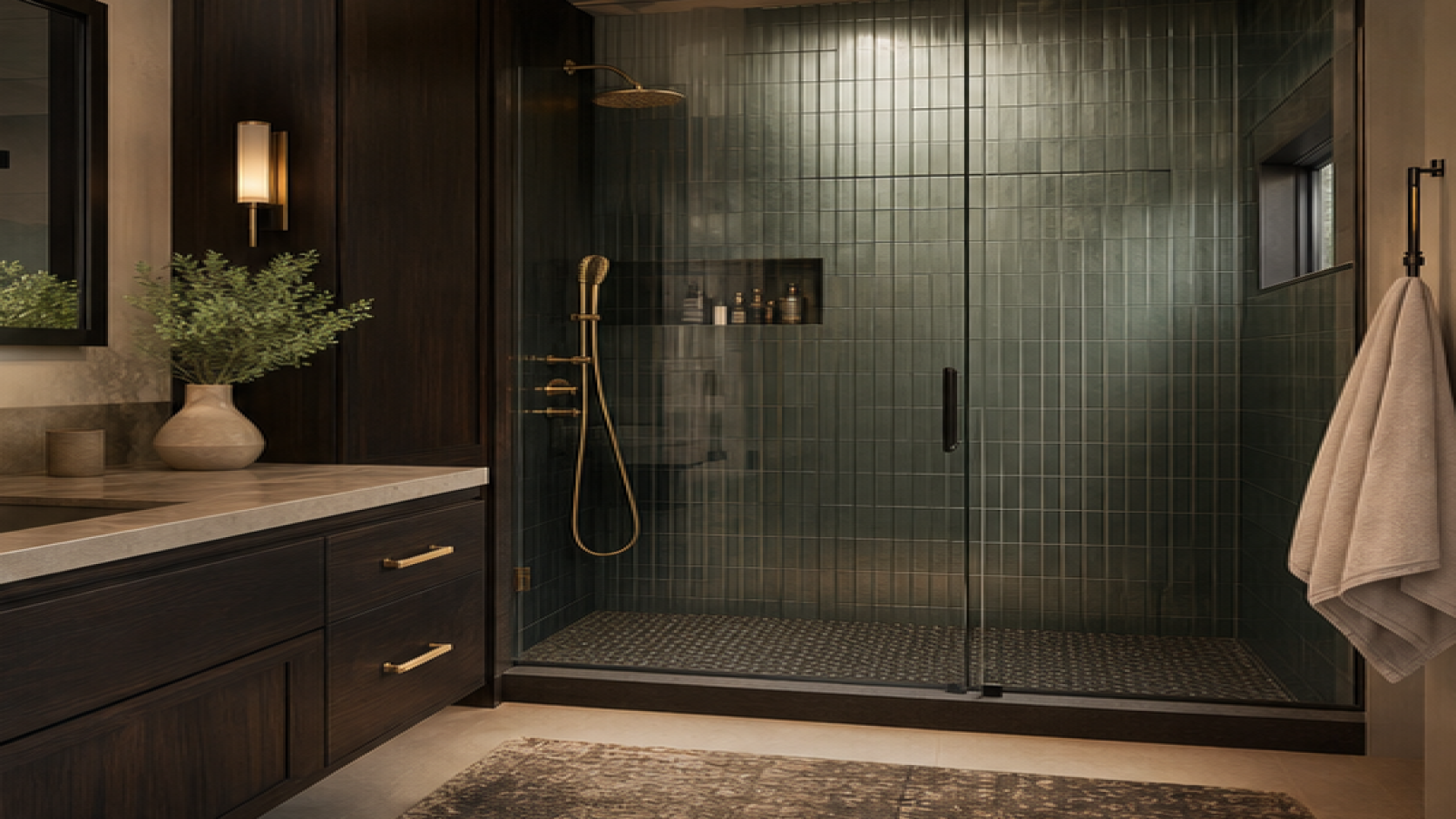 Shower Tile Ideas with dark wood cabinetry