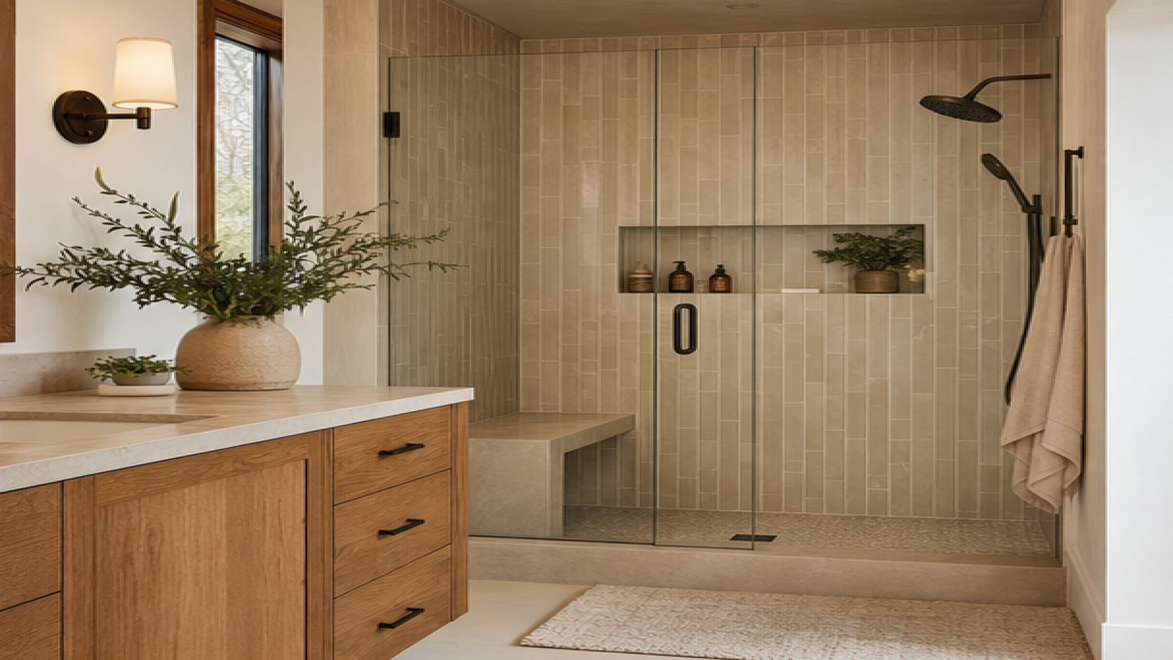 Shower Tile Ideas with natural wood cabinetry
